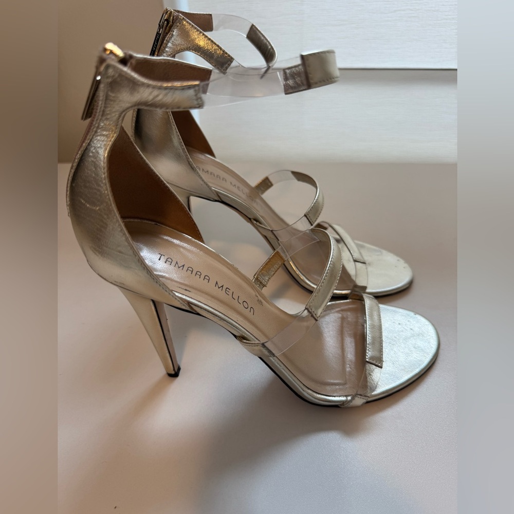 Tamara Mellon Metallic Silver Strappy High Heel Sandals